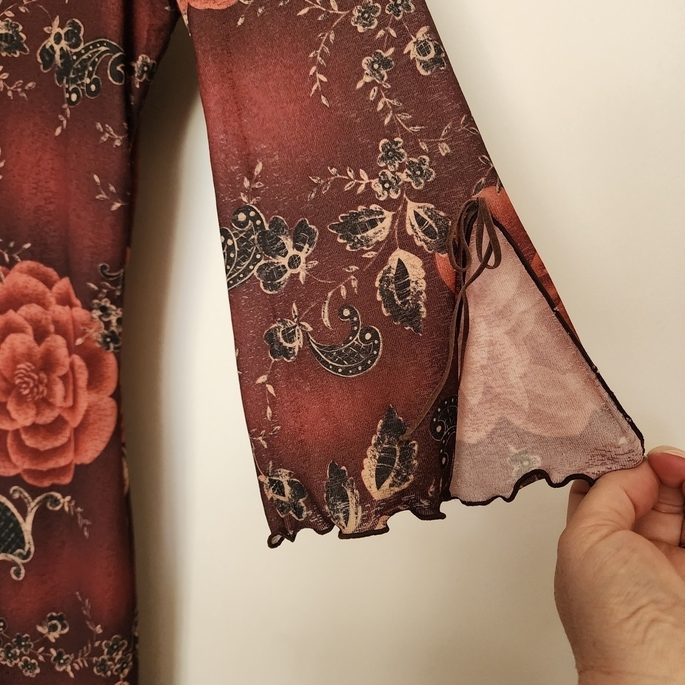 90s Expressions Burgundy Floral Lace-Up Asymmetrical Dress S - Picture 6 of 10